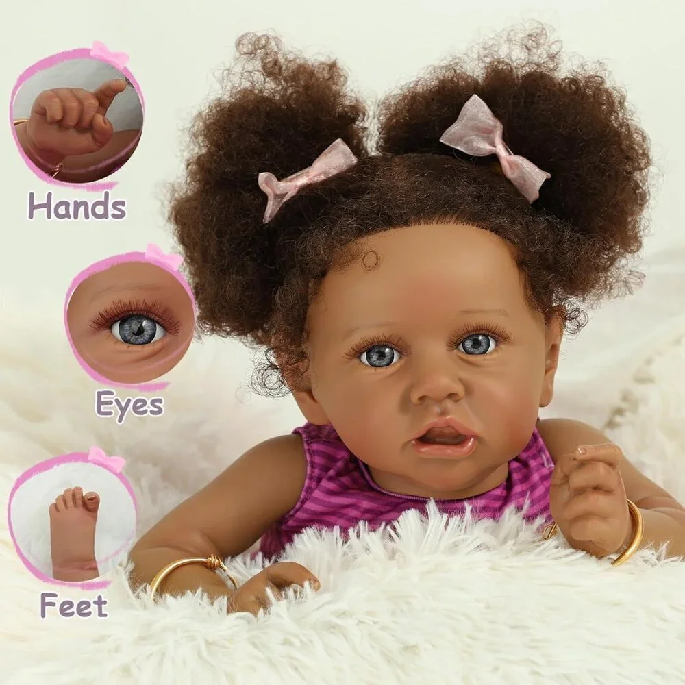 🆕22Inch African Americans Newborn Doll with Soft Cloth Body with Two Afro Puff